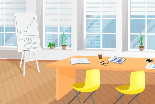 Glänsande kontorsrum med bord och blädderblock affisch — Stock vektor