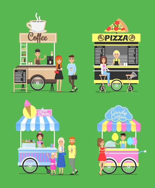 Sokak Fast Food arabaları ile dost satıcı — Stok Vektör