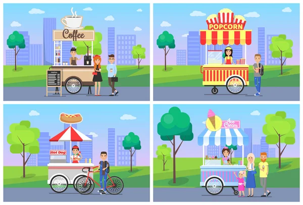 Káva a Popcorn City Set vektorové ilustrace — Stockový vektor