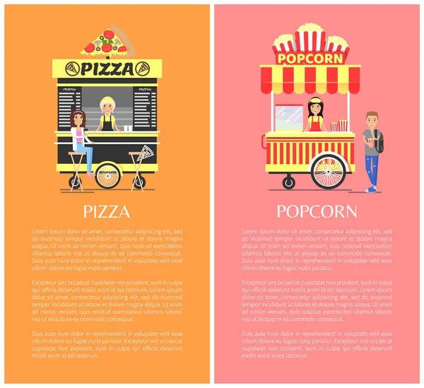 Colección de pizza y palomitas Vector Illustration — Vector de stock