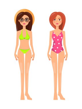 İnce ihale kadın beyaz, şık yaz modunu izole kadın ortak kırmızı mayo ve hasır şapka ve gözlük, sutyen ve bikini vektör