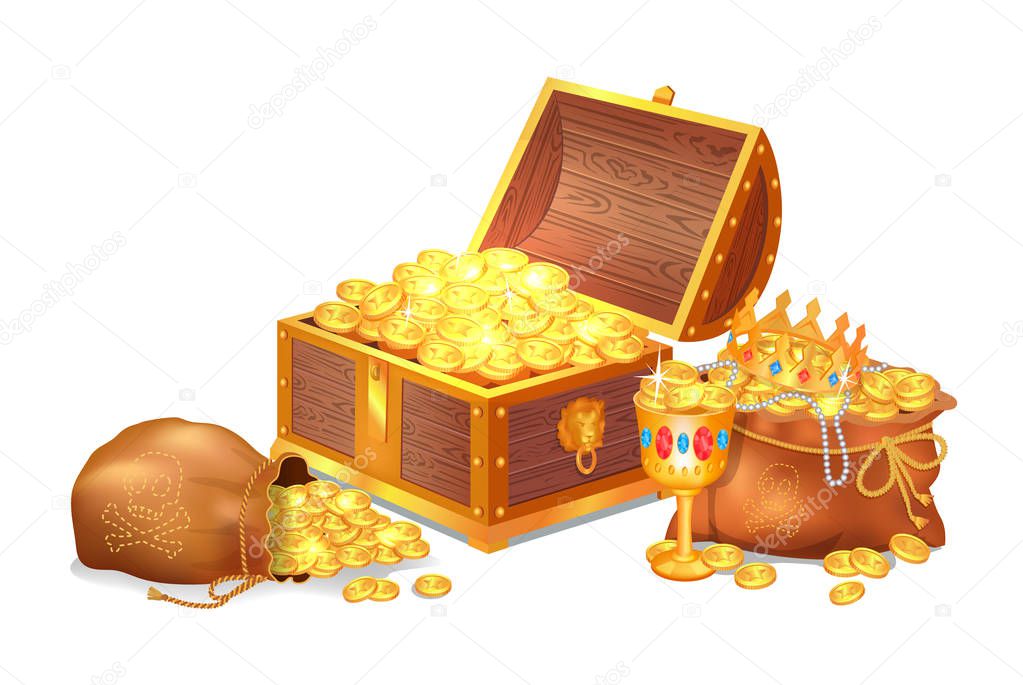 Old Shiny Treasures in Wooden Chest and Silk Sacks