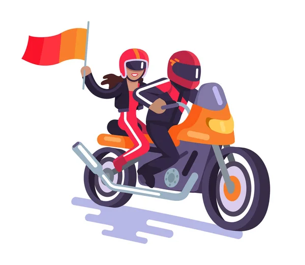 Motociclista su arancione veicolo con la sua fidanzata banner — Vettoriale Stock