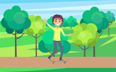 Kaykaycı açık havada, Genç Skater sürme gülümseyen