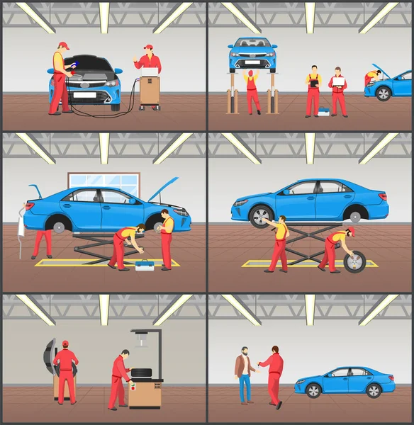 Auto-Service und Garage Farbvektorkarten-Set — Stockvektor