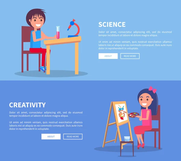 Affiches de créativité scientifique avec fille et garçon — Image vectorielle