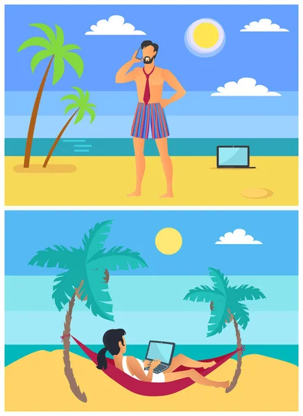 Freelancers Homem e mulher em vetor de praia tropical — Vetor de Stock