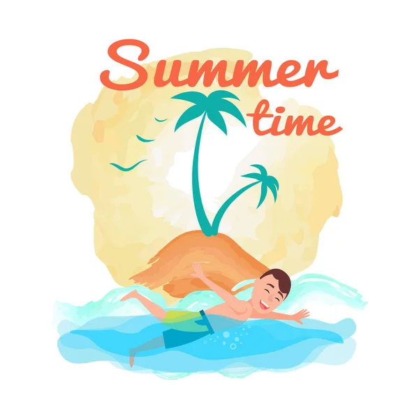 Summertime Poster Design with Man Swimming in Sea — Stock Vector