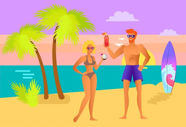 Suntanned lány, és a srác a koktélok a strand — Stock Vector