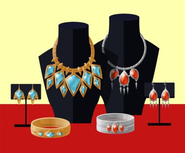 Aksesuar gümüş ve altın seti, mücevher Dükkanı, taşlarla kolye, bilezik küpe toplama manken, vektör çizim üzerinde sunuda