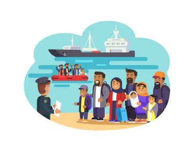 Deniz plaj neşeli mülteciler illüstrasyon vektör