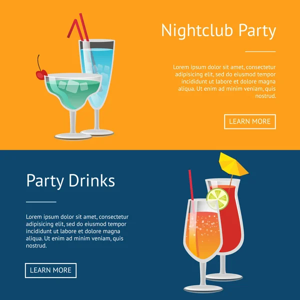 Noční klub párty nápoje webové plakáty sada stiskněte tlačítko — Stockový vektor