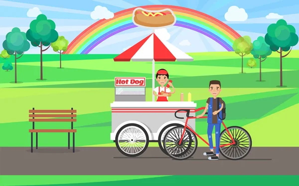 Hot Dog Fast Food Banner Tarjeta vectorial colorida — Vector de stock