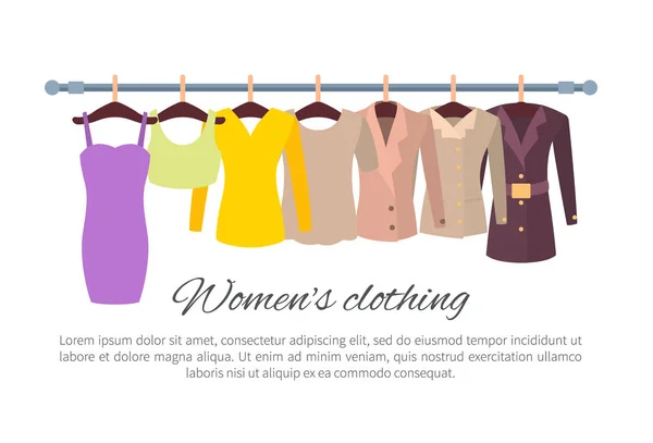 Poster mit modischen Kleidungsstücken für Frauen — Stockvektor