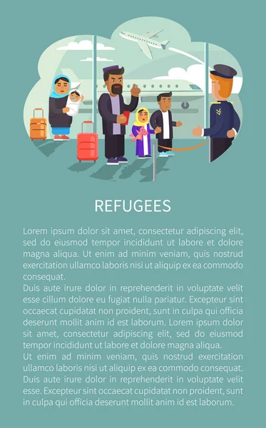 Réfugiés Aéroport Affiche Avec Échantillon Texte Famille Debout Dans Hall — Image vectorielle