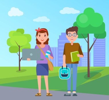 Kadın ve erkek öğrencilerin çanta vektör ile ayarla