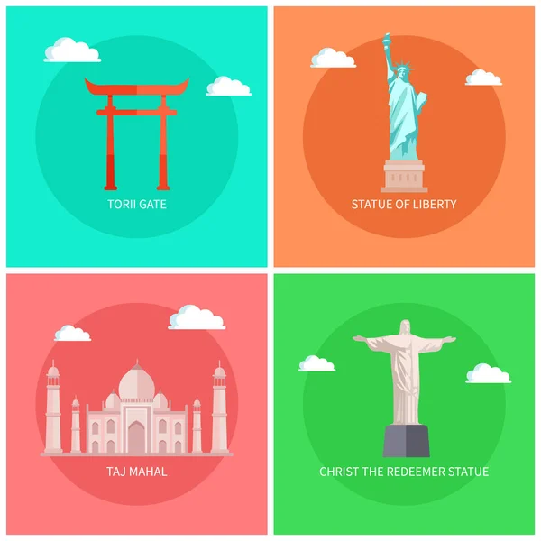 Famous Monuments and Buildings Bright Posters Set — Stock Vector