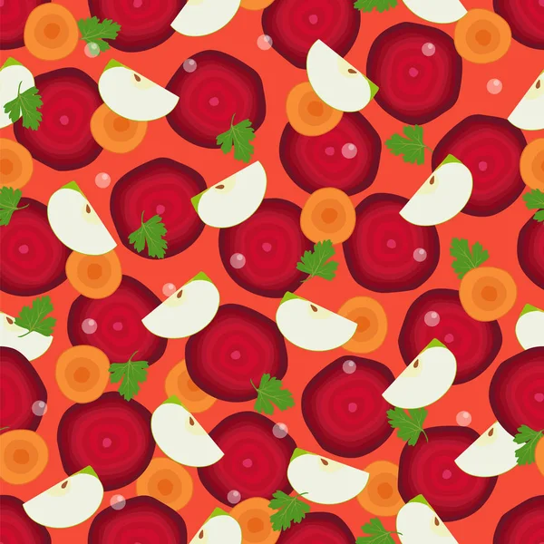 Rebanadas de remolacha, corte de zanahoria redonda y trozos de manzana — Vector de stock