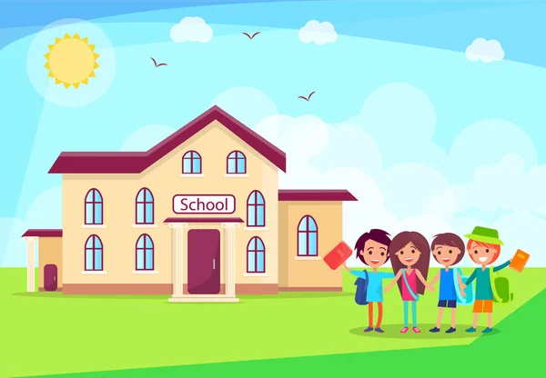 Glückliche Kinder Halten Händchen Vor Ihrem Dreistöckigen Schulgebäude Lassen Sie — Stockvektor
