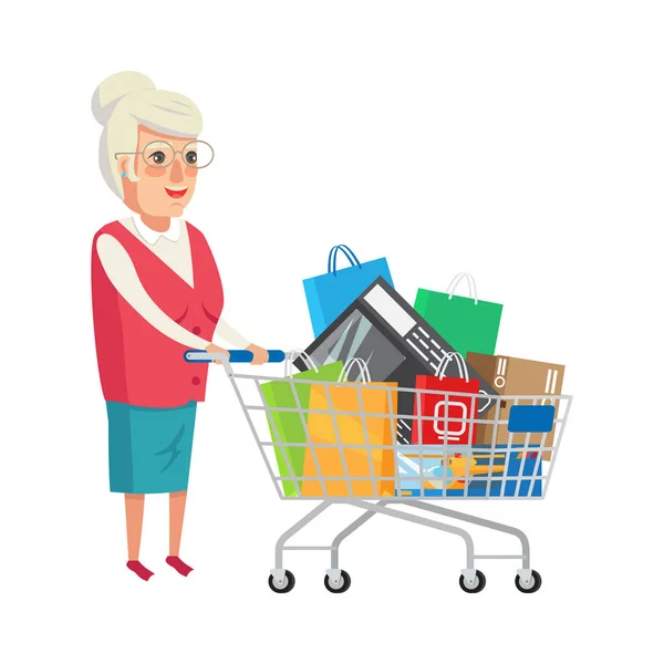 Grootmoeder met Shopping Cart vectorillustratie — Stockvector