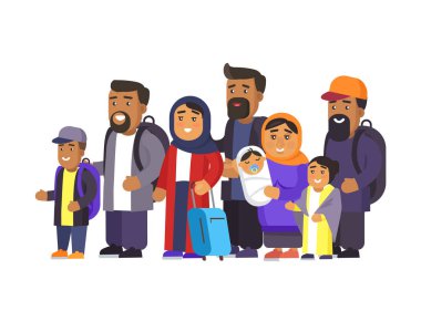 İyi bir ruh hali kümesindeki seyahat etmek, onların çevirmek için kişisel eşyalarını mesafe, seyir ile ayakta bekleyenler Müslümanlar vektör çizim Grup