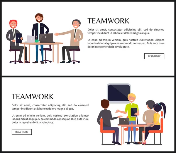 Modèles de page Web sur le travail d'équipe avec les entrepreneurs — Image vectorielle