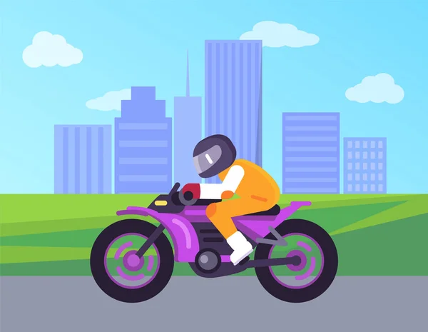 Motociclista che guida su un simpatico motore Cityscape Vector — Vettoriale Stock