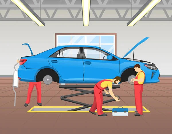 Naprawianie niebieski samochód w garażu ilustracja wektorowa — Wektor stockowy