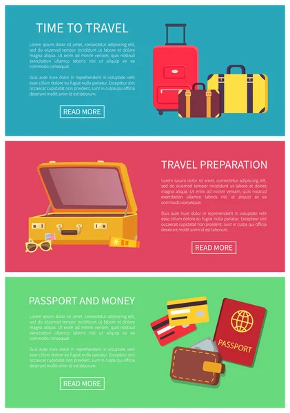 Hora de viajar Preparação Dinheiro e Passaporte —  Vetores de Stock