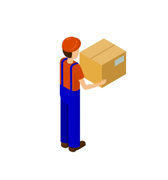 Homem de serviço de entrega com vetor traseiro de caixa de papel —  Vetores de Stock