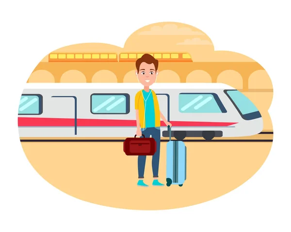 Ο άνθρωπος με τις αποσκευές που περιμένετε για το τρένο στον σιδηροδρομικό σταθμό — Διανυσματικό Αρχείο