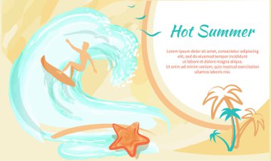 Adam sörf tahtası ve avuç içi ile sıcak yaz Banner