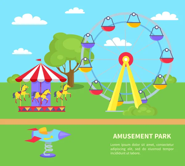 Parco divertimenti Sightseeing Wheel, Merry-Go-Round — Vettoriale Stock