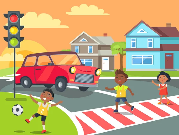 Děti si hrají a křížení silnice ilustrace — Stockový vektor