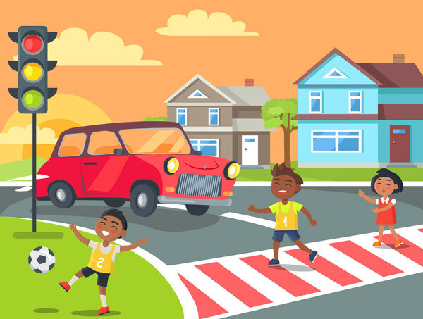 Children Playing and Crossing Road Illustration