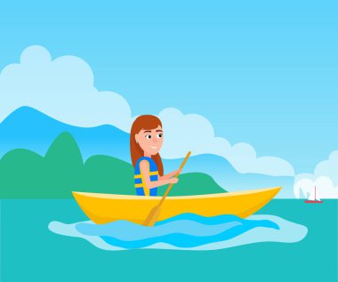 Tekne vektör çizim içinde oturan kız Kayak
