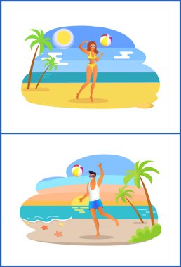 Adam ve kız ile top oynarken kıyı şeridi Tropic