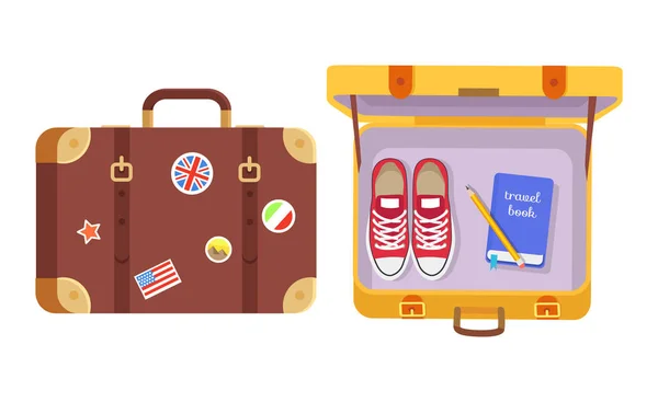 Resväskor Set, Traveler s utrustning färg affisch — Stock vektor