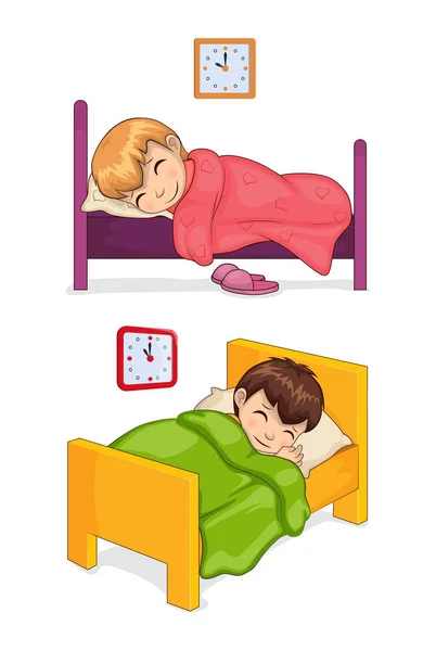 Bed Time For Little Children in Cozy Beds Set — Stock Vector