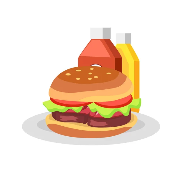 Burger auf Teller und Soßen Vektor Illustration — Stockvektor