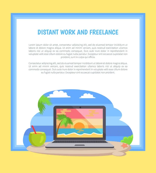Trabalho à distância Freelance Poster Notebook Seascape — Vetor de Stock