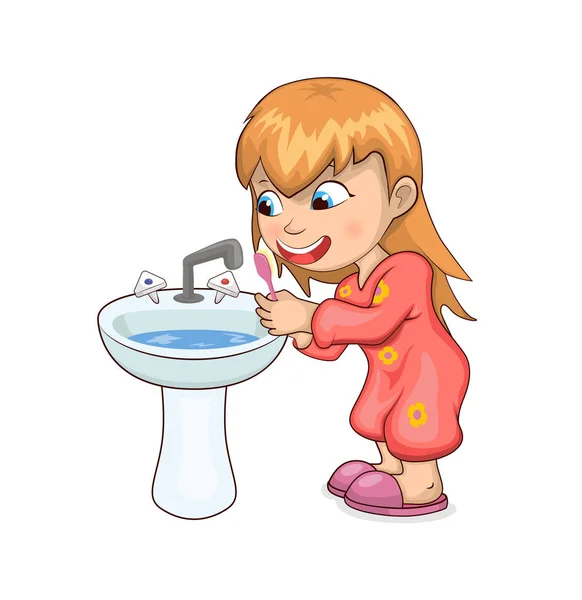 Girl Brushing Teeth Happily Vector Illustration — Stock Vector