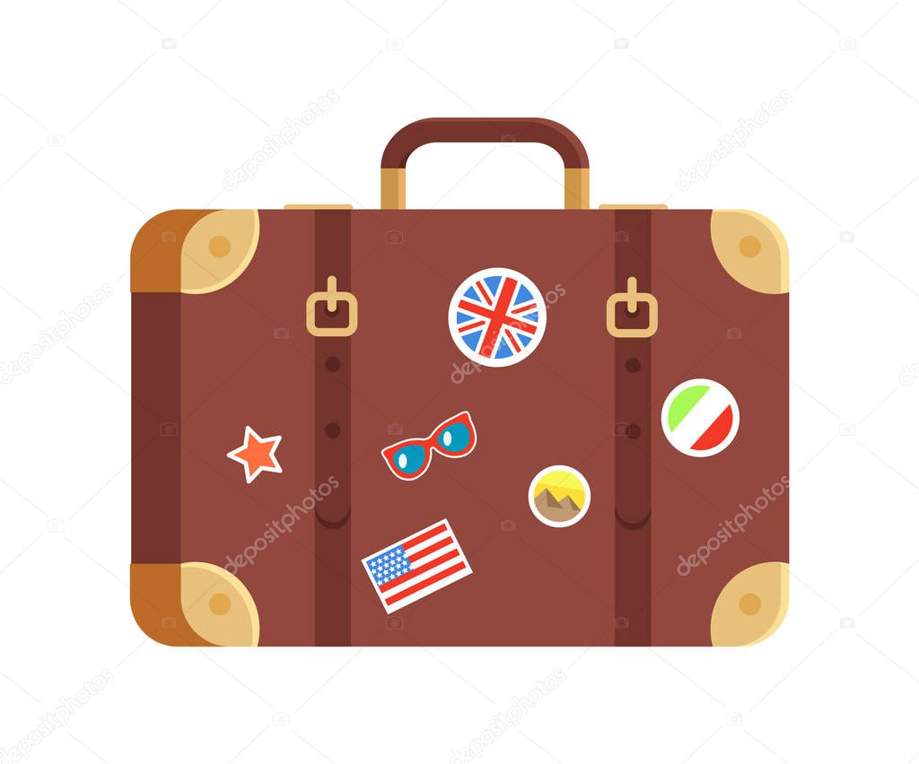 Suitcase for traveling isolated on white backdrop, vector illustration of big brown bag with stickers from various countries, sunglasses and star