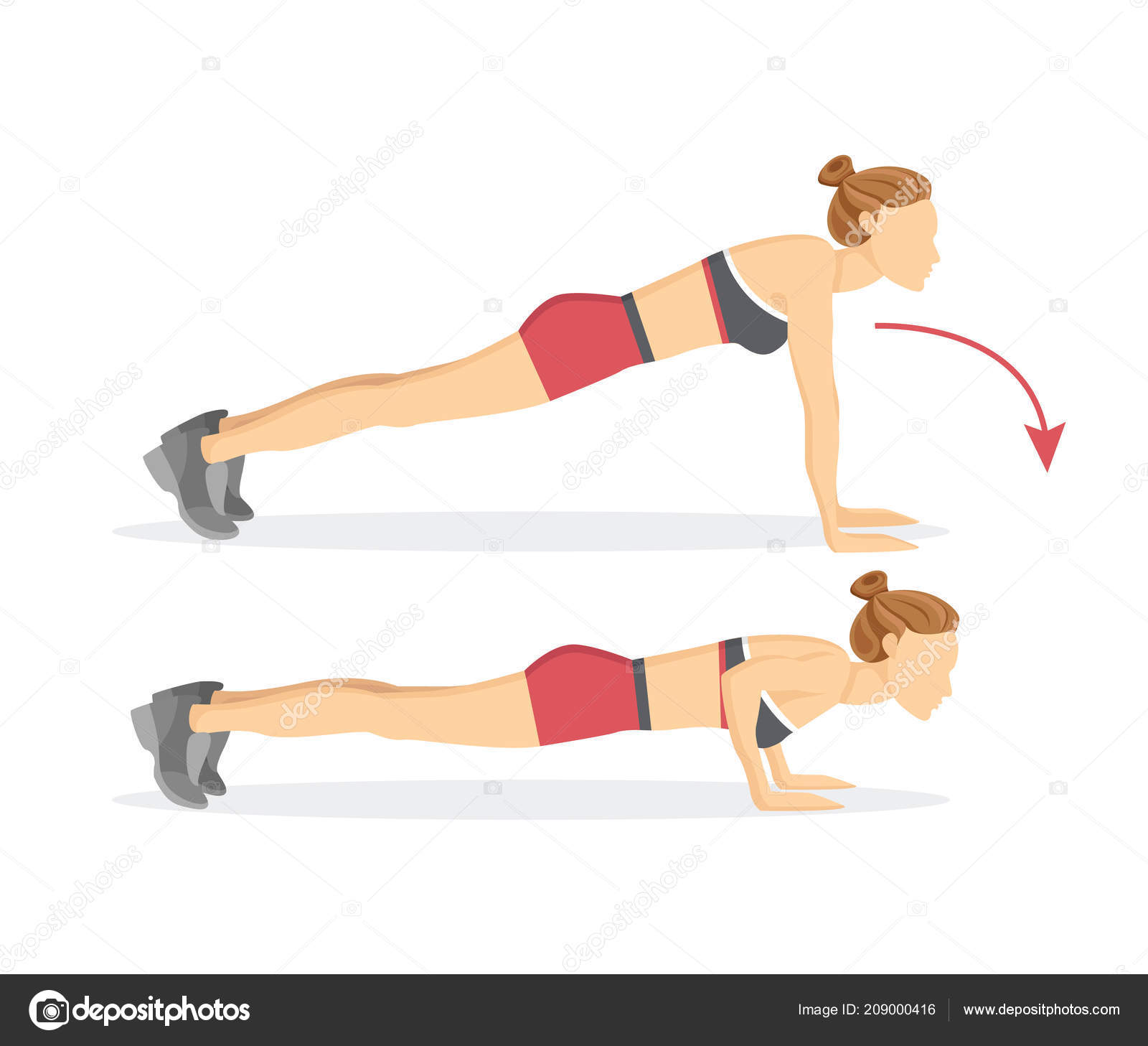 Woman Doing Exercise With Knee Push Up In 2 Steps Stock Illustration -  Download Image Now - Push-ups, Knee, Exercising - iStock