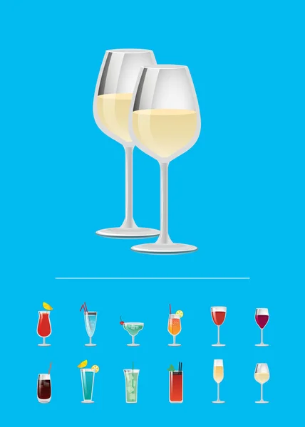 Primer plano de champán y vino blanco en copas — Vector de stock