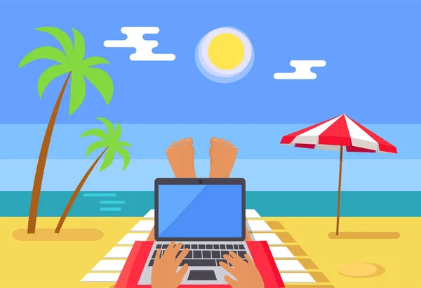 Freelancer funciona no laptop no Tropic Beach Resort —  Vetores de Stock