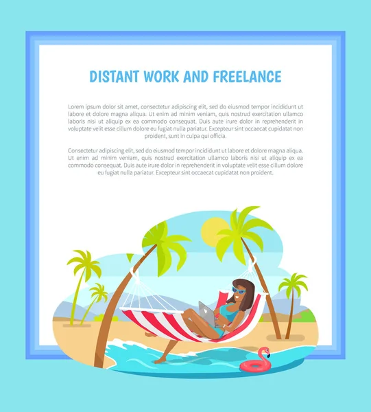 Avlägsna arbete och Freelance Web affisch kvinna liggande — Stock vektor