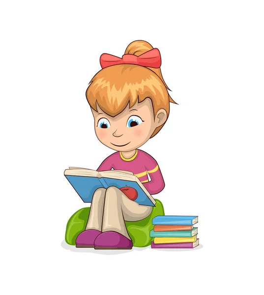 Chica sentada y leyendo libros Vector Ilustración — Archivo Imágenes Vectoriales