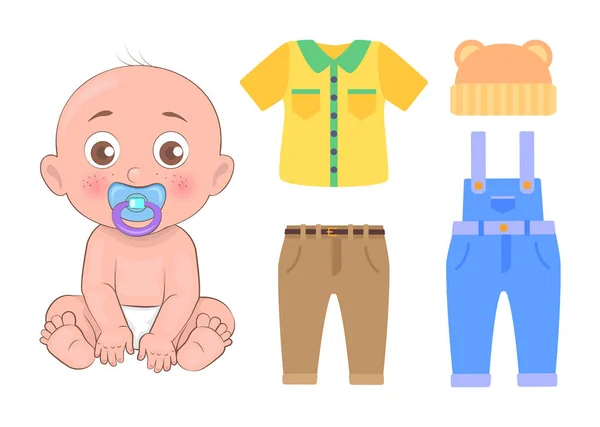 Conjunto bonito de bebê e roupas isolado no cartão branco —  Vetores de Stock