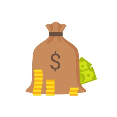 Banknot ve madeni paralar vektör çizim olan torba